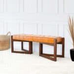 Tan Leather Mid-Century Modern Bench with Solid Wood Frame 12 Tan Leather Mid-Century Modern Bench with Solid Wood Frame