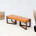 Tan Leather Mid-Century Modern Bench with Solid Wood Frame 11 Tan Leather Mid-Century Modern Bench with Solid Wood Frame