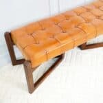 Tan Leather Mid-Century Modern Bench with Solid Wood Frame 10 Tan Leather Mid-Century Modern Bench with Solid Wood Frame