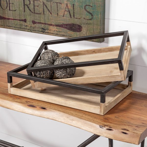 Ross Set of 2 Natural Wood W Black Metal Nesting Trays 4