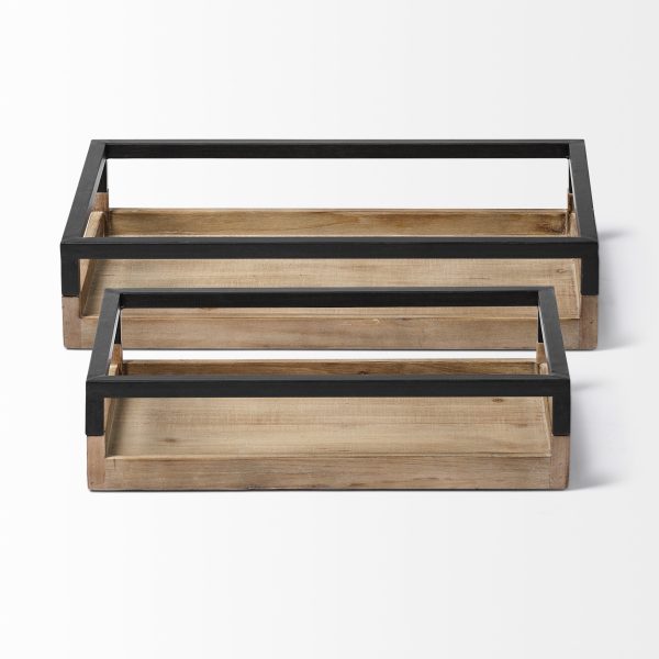 Ross Set of 2 Natural Wood W Black Metal Nesting Trays 6