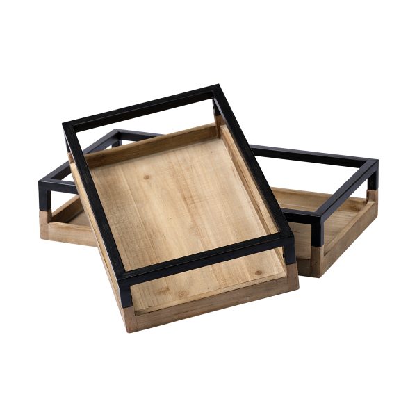 Ross Set of 2 Natural Wood W Black Metal Nesting Trays