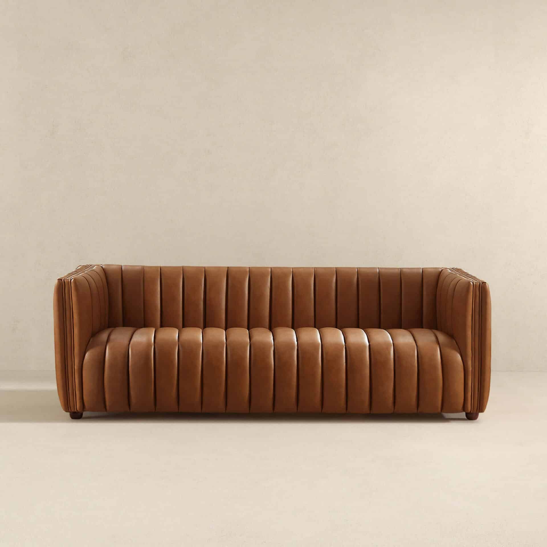 Cognac Leather Mid Century Modern Tufted Sofa with Wood Frame 5 Cognac Leather Mid Century Modern Tufted Sofa with Wood Frame - Image 5