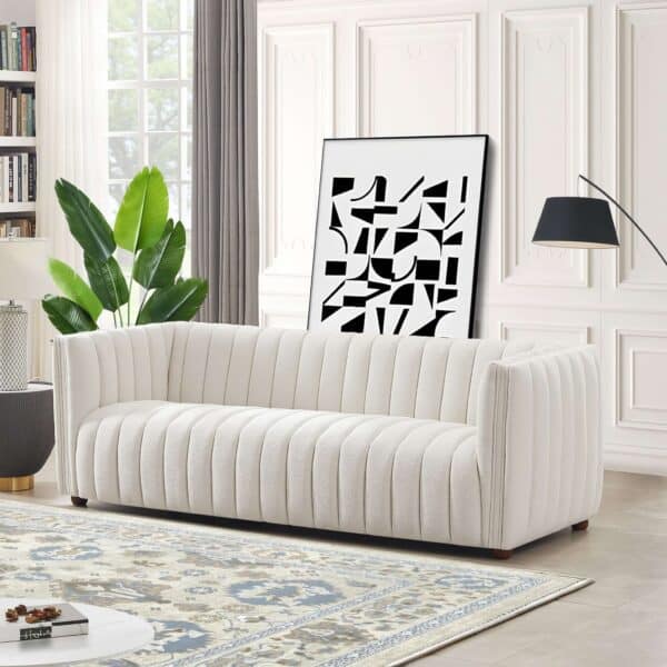 Mid Century Modern Beige Boucle Tufted Sofa