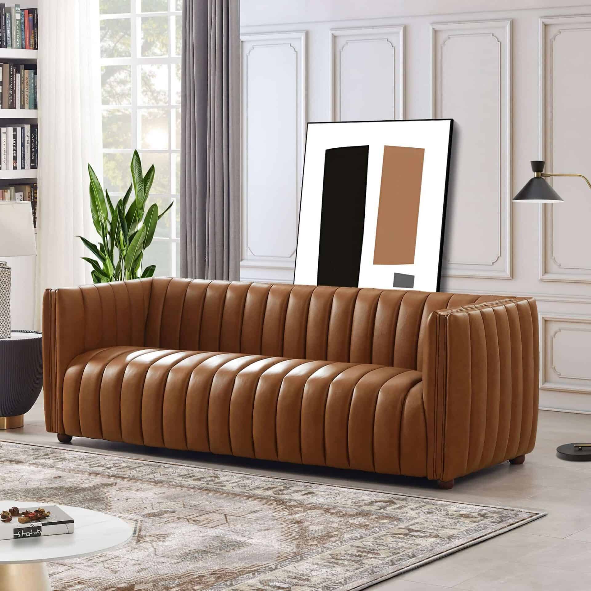Cognac Leather Mid Century Modern Tufted Sofa with Wood Frame 1 Cognac Leather Mid Century Modern Tufted Sofa with Wood Frame