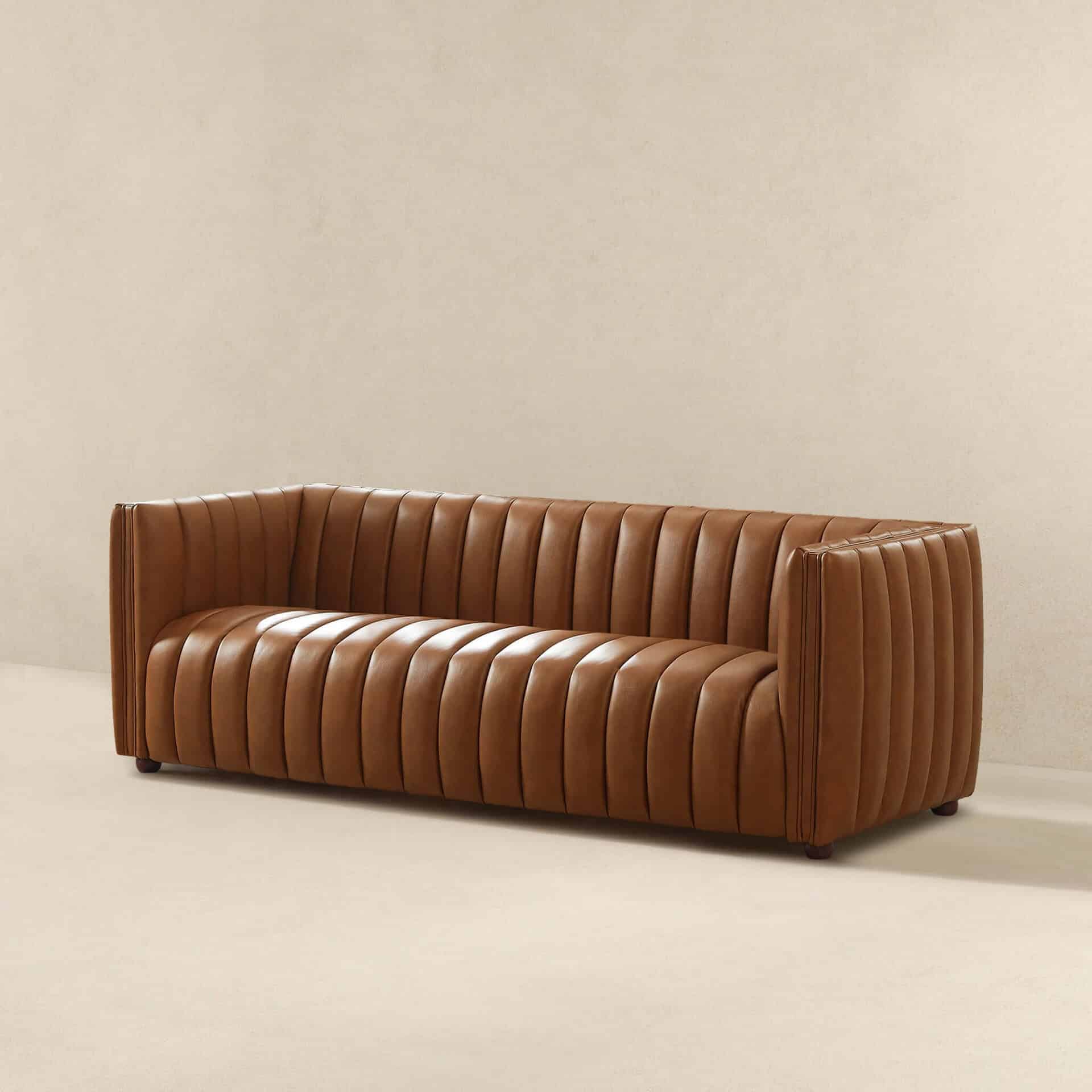 Cognac Leather Mid Century Modern Tufted Sofa with Wood Frame 9 Cognac Leather Mid Century Modern Tufted Sofa with Wood Frame