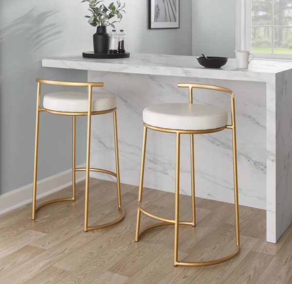 Round Fuji 26 Inch Gold and White Contemporary Counter Stools Set of 2 1