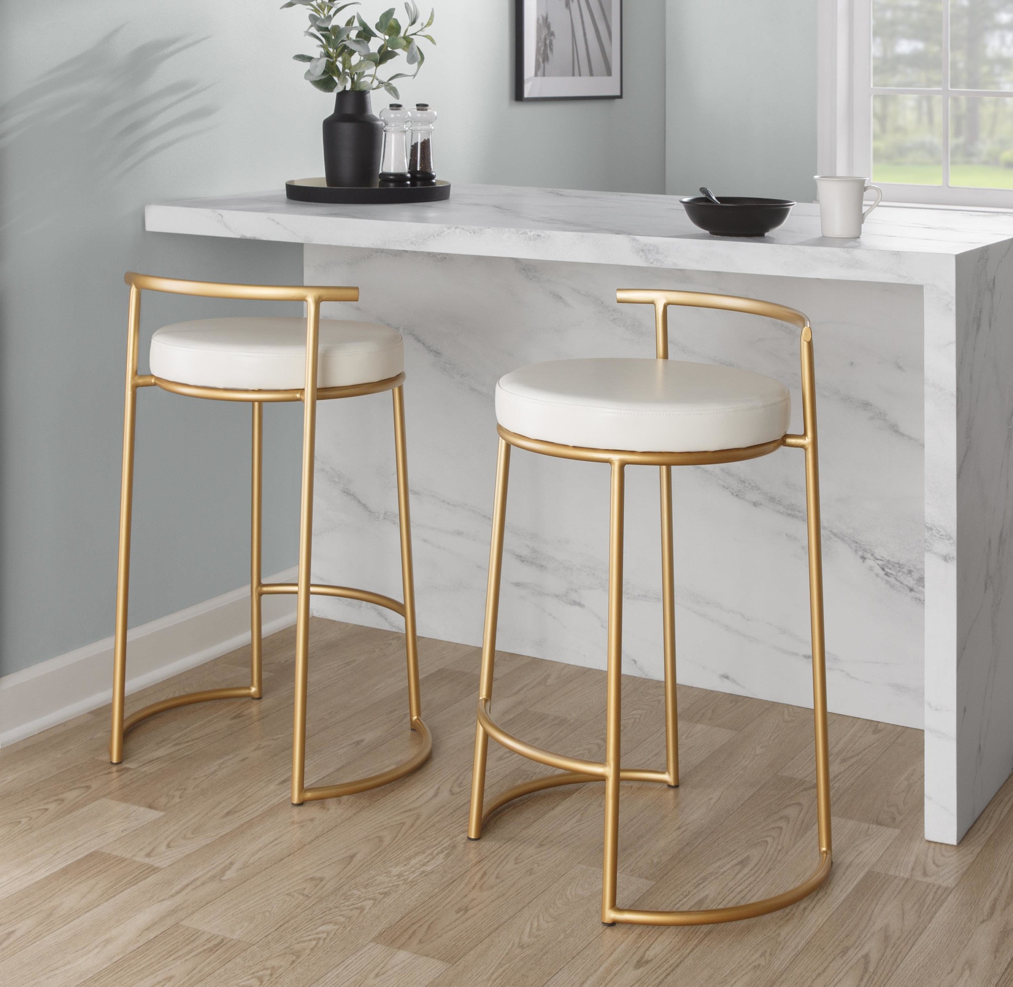 Round Fuji 26-Inch Gold and White Contemporary Counter Stools (Set of 2) 2 Round Fuji 26-Inch Gold and White Contemporary Counter Stools (Set of 2) - Image 2