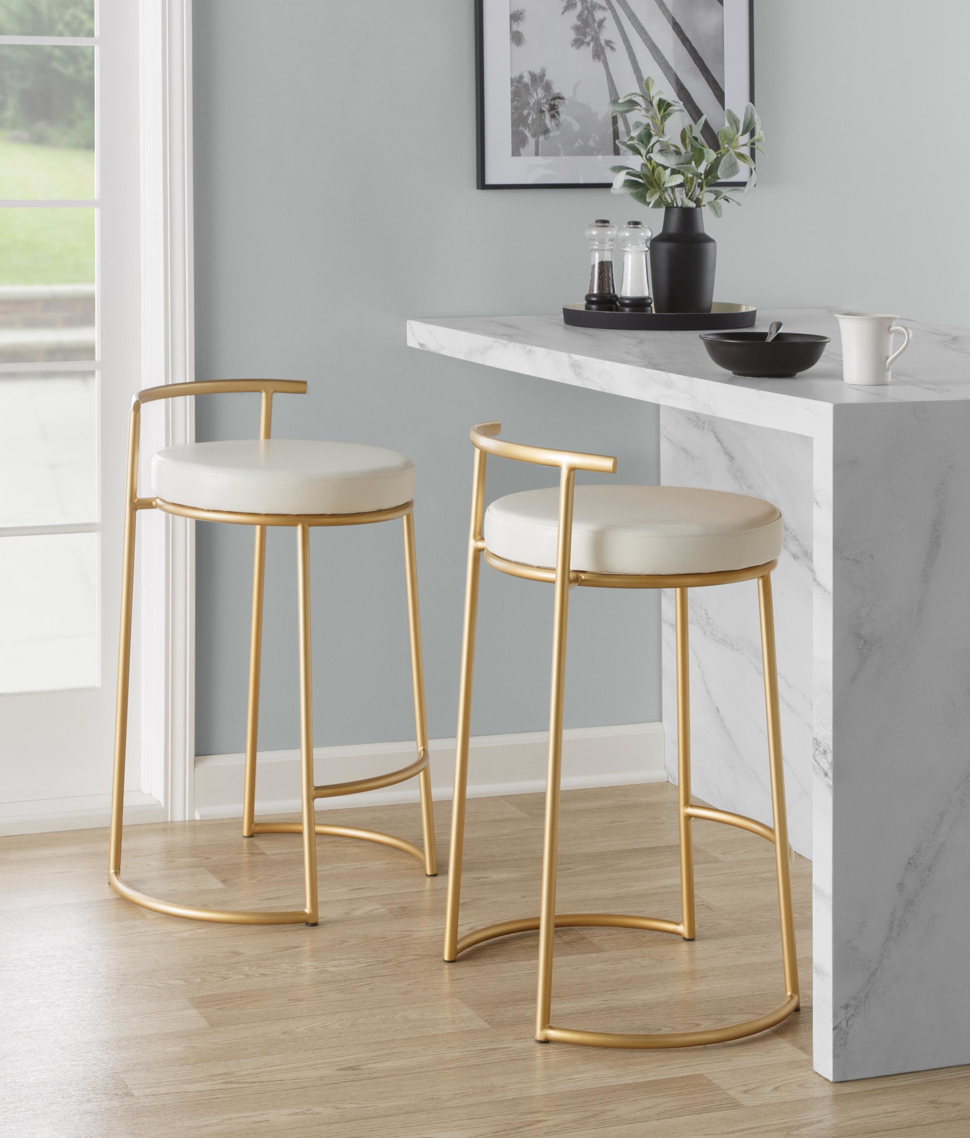 Round Fuji 26-Inch Gold and White Contemporary Counter Stools (Set of 2) 1 Round Fuji 26-Inch Gold and White Contemporary Counter Stools (Set of 2)