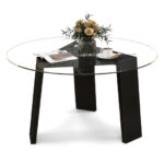 Round Glass Coffee Table with Rubber Wood Legs Black 11 Round Glass Coffee Table with Rubber Wood Legs Black