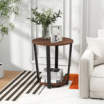 Industrial Round Side Table with Shelf and Metal Frame Walnut