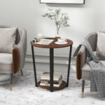 Industrial Round Side Table with Shelf and Metal Frame Walnut