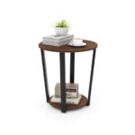 Industrial Round Side Table with Shelf and Metal Frame Walnut
