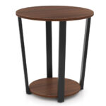 Industrial Round Side Table with Shelf and Metal Frame Walnut