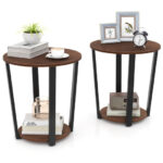 Industrial Round Side Table with Shelf and Metal Frame Walnut