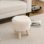 White Faux Fur Round Ottoman Footstool with Padded Seat
