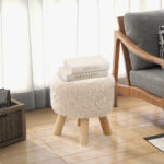 White Faux Fur Round Ottoman Footstool with Padded Seat