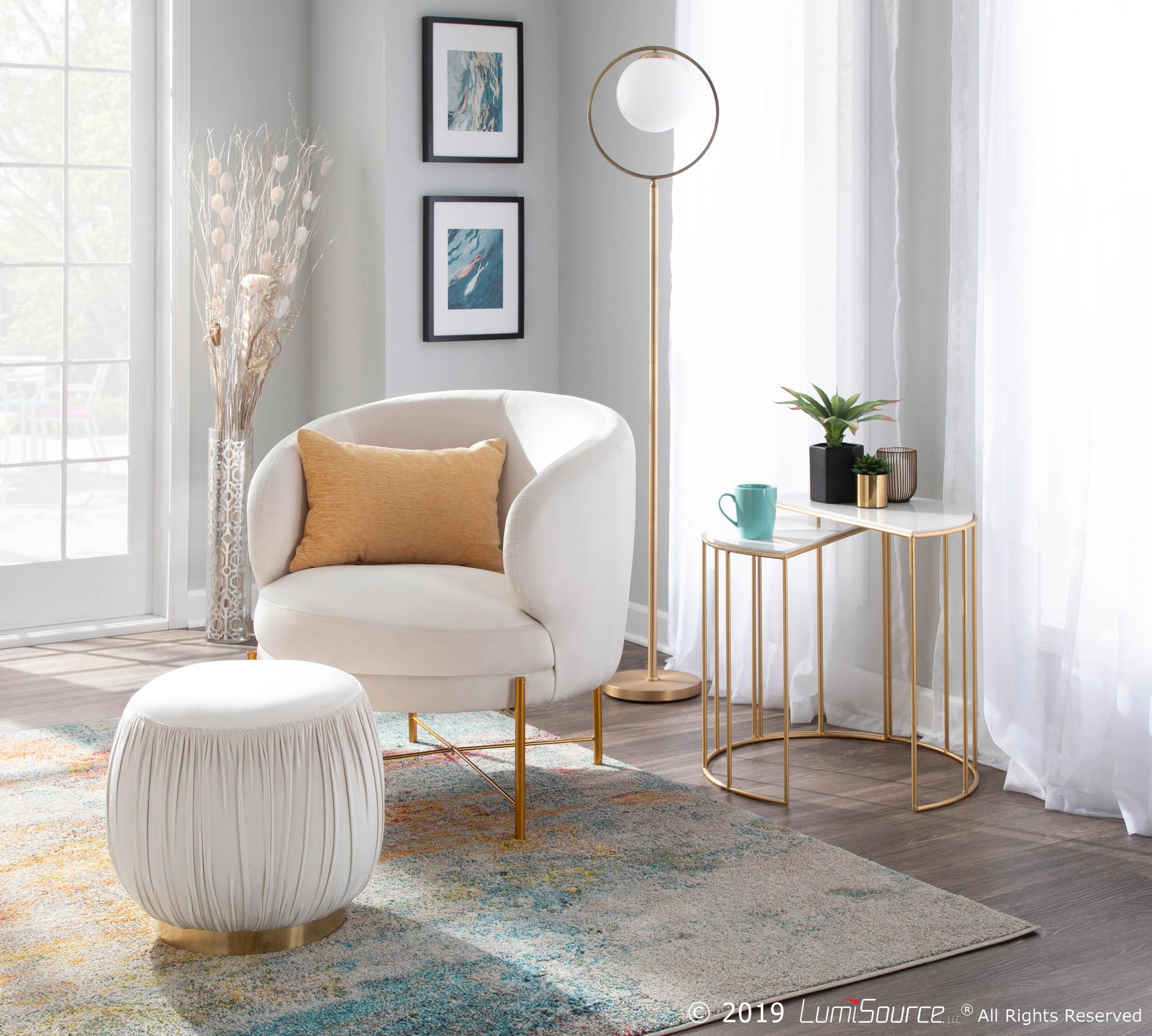 Ruched 18-Inch Gold Metal Cream Velvet Contemporary Ottoman 1 Ruched 18-Inch Gold Metal Cream Velvet Contemporary Ottoman
