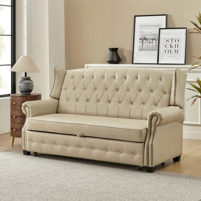 Ruedi Beige Faux Leather Chesterfield Adjustable Back Sleeper Sofa