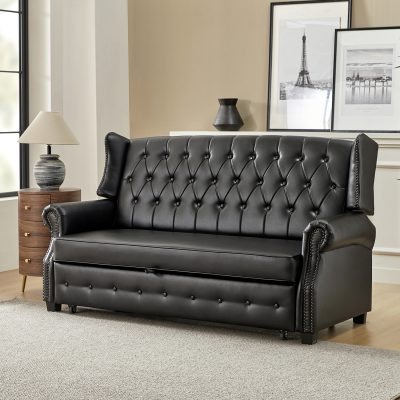Ruedi Black Vegan Leather Chesterfield Adjustable Back Sleeper Sofa