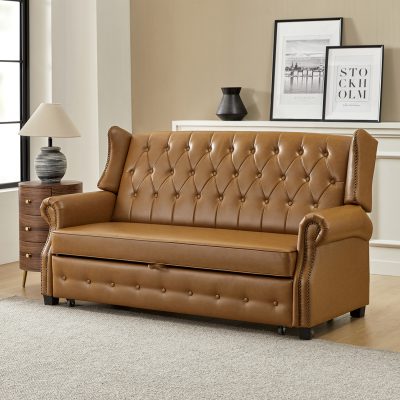 Ruedi Camel Faux Leather Chesterfield Adjustable Back Sleeper Sofa