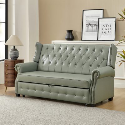 Ruedi Sage Faux Leather Chesterfield Adjustable Back Sleeper Sofa