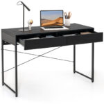 Rustic 2-Drawer Office Desk with Steel Frame and Storage