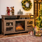 Rustic 58 Inch TV Stand with Cabinets and Shelves