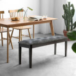 Rustic Button Tufted Upholstered PU Bench with Solid Wood Legs
