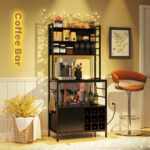 Rustic Coffee Bar Cabinet with Power Outlet and Wine Storage