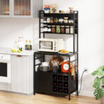 Rustic Coffee Bar Cabinet with Power Outlet and Wine Storage