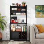 Rustic Coffee Bar Cabinet with Power Outlet and Wine Storage