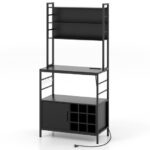 Rustic Coffee Bar Cabinet with Power Outlet and Wine Storage