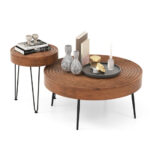 Rustic Round Coffee Tables with Pine Wood Top and Metal Frame (Set of 2)
