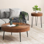 Rustic Round Coffee Tables with Pine Wood Top and Metal Frame (Set of 2)