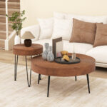 Rustic Round Coffee Tables with Pine Wood Top and Metal Frame (Set of 2)