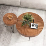 Rustic Round Coffee Tables with Pine Wood Top and Metal Frame (Set of 2)