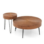 Rustic Round Coffee Tables with Pine Wood Top and Metal Frame (Set of 2)