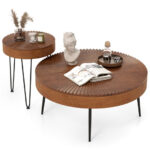 Rustic Wooden Coffee Tables with Metal Legs and Adjustable Pads (Set of 2)