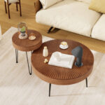 Rustic Wooden Coffee Tables with Metal Legs and Adjustable Pads (Set of 2)
