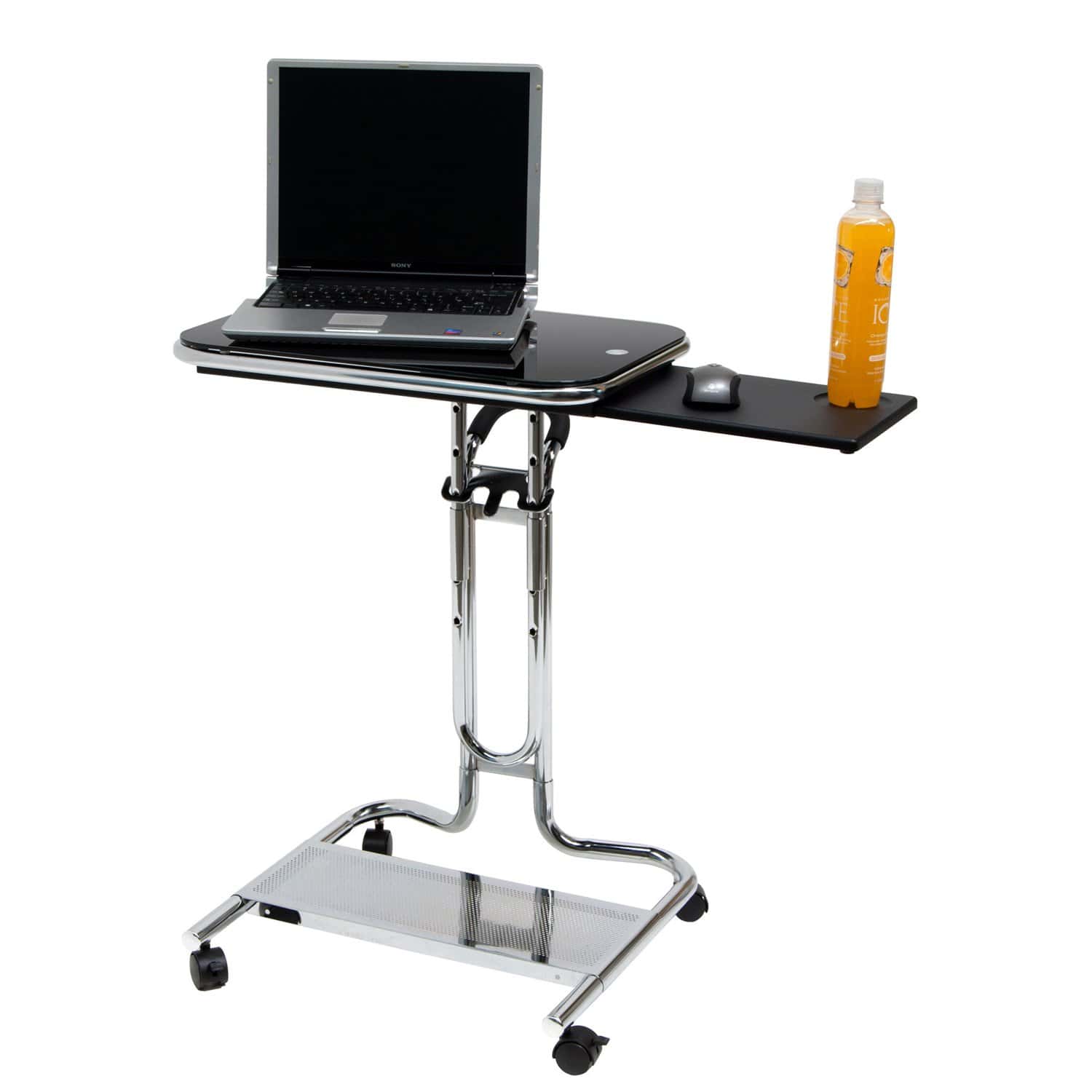 Height Adjustable Mobile Laptop Desk Cart with Black Glass Top 3 Height Adjustable Mobile Laptop Desk Cart with Black Glass Top - Image 3