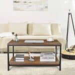 Industrial Rustic Brown 2-Tier Coffee Table With Storage Shelves