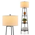 Modern Floor Lamp with 3-Tier Shelf and Linen Shade
