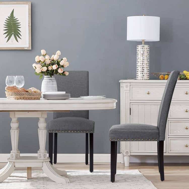 Grey Linen Upholstered Dining Chairs with Nailhead Trim (Set of 2) 2 Grey Linen Upholstered Dining Chairs with Nailhead Trim (Set of 2) - Image 2