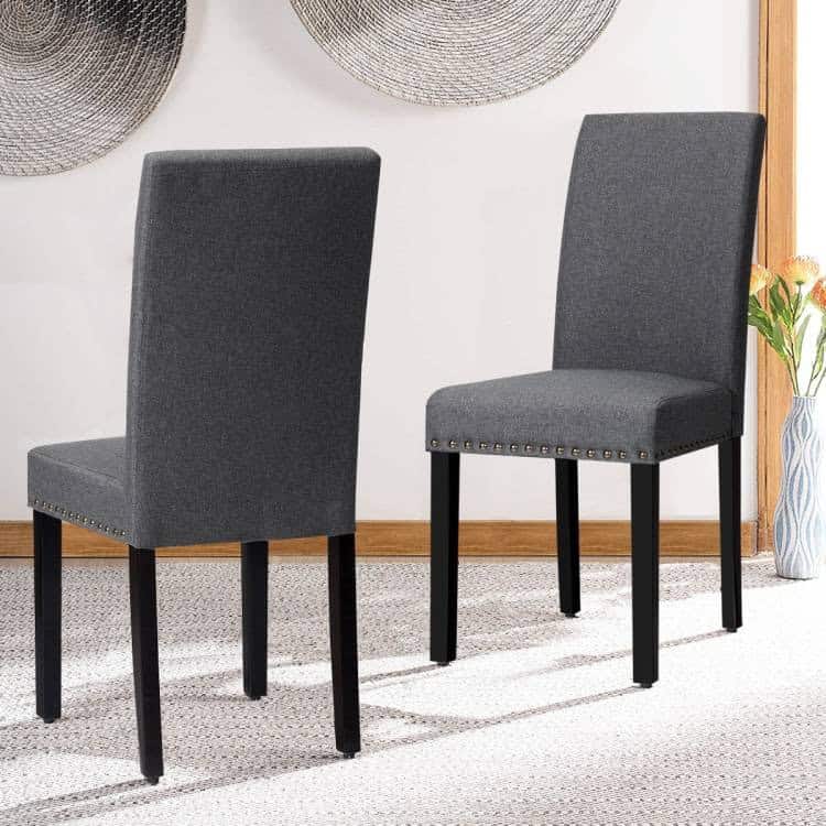 Grey Linen Upholstered Dining Chairs with Nailhead Trim (Set of 2) 3 Grey Linen Upholstered Dining Chairs with Nailhead Trim (Set of 2) - Image 3