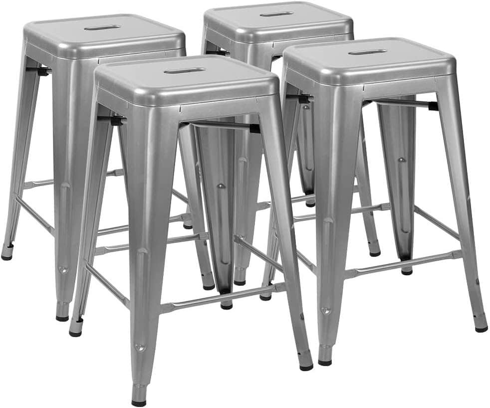 Stackable 24-Inch Silver Metal Barstools Indoor Outdoor (Set of 4) 1 Stackable 24-Inch Silver Metal Barstools Indoor Outdoor (Set of 4)