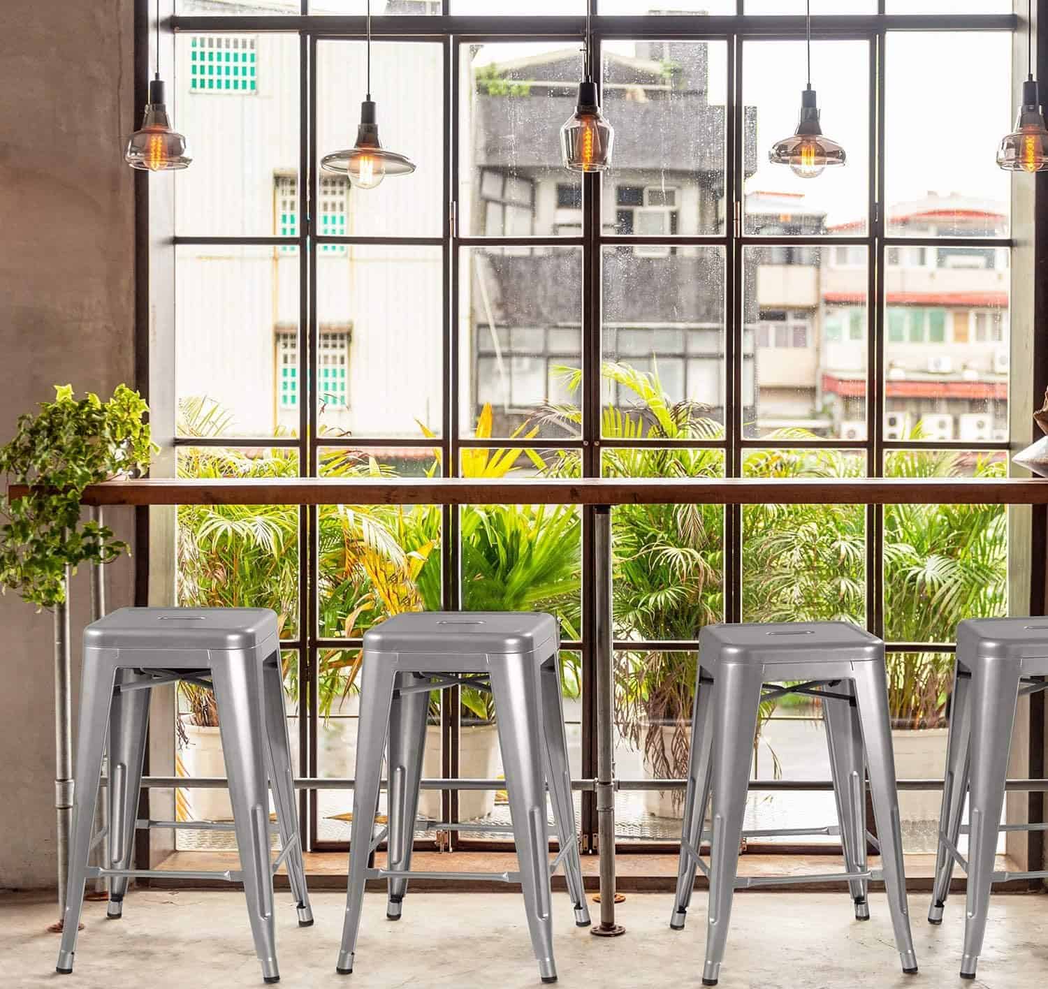 Stackable 24-Inch Silver Metal Barstools Indoor Outdoor (Set of 4) 3 Stackable 24-Inch Silver Metal Barstools Indoor Outdoor (Set of 4) - Image 3