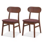 Mid-Century Brown Wood Dining Chairs with Padded Linen Seats (Set of 2)