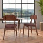 Mid-Century Brown Wood Dining Chairs with Padded Linen Seats (Set of 2)