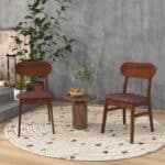 Mid-Century Brown Wood Dining Chairs with Padded Linen Seats (Set of 2)